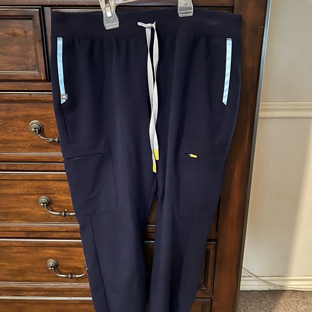 Figs Navy Jogger Scrub Pants with Silver Drawstring & Yellow Accents